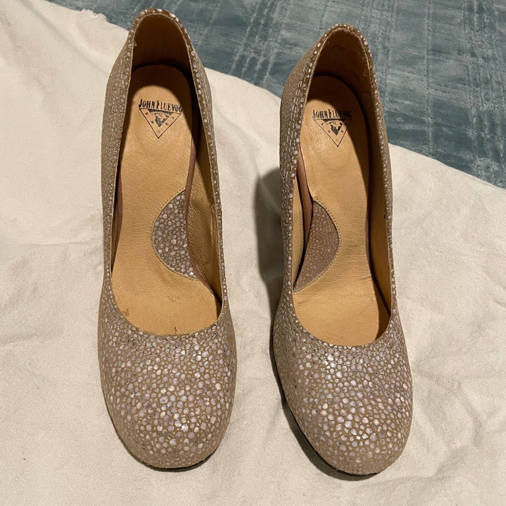 Fluvog Paris heels, champagne suede like material 8.5